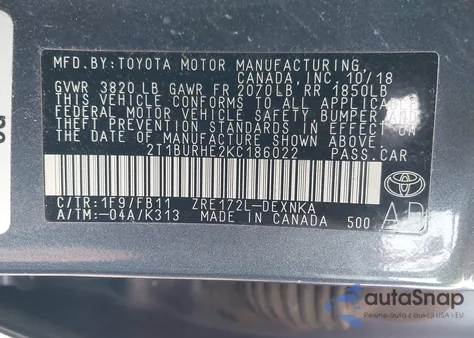 2019 Toyota Corolla Le z USA, uszkodzony, nr VIN 2T1BURHE2KC186022